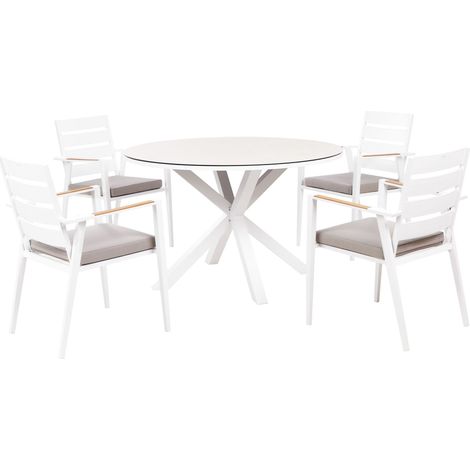 Set da pranzo da giardino a 4 posti con tavolo in alluminio e piano grigio con sedie con cuscini Maletto/Taviano