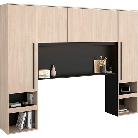 Armadio a ponte con scomparti e LED L265 cm Naturale e Nero - VELONA