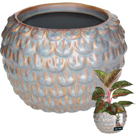 KOTARBAU® Künstlerischer Blumentopf 17 cm, grauer Deckel, Vintage-Keramik, handgefertigt, für Blumen und Kräuter