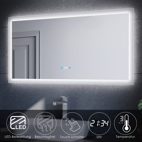 SONNI Badspiegel LED Touch mit Beleuchtung Uhr Beschlagfrei Wandspiegel Kupfer/bleifreie Wandspiegel 120x60cm IP44 (1/5)