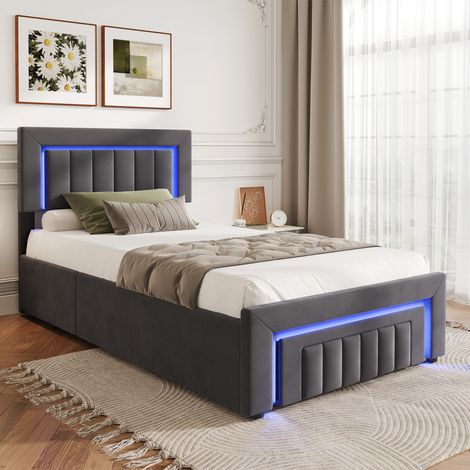 Lit coffre 90x200 cm, lit avec rangement hydraulique, LED, tiroir, sommier à lattes, en velours, gris, sans matelas (1/5)
