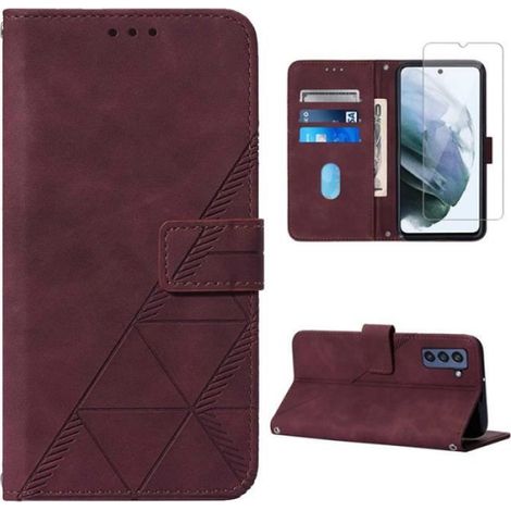 Verre trempé + Coque Pour Samsung Galaxy S21 FE 5G 6.41" Housse PU Anti-chute Etui Housse Téléphone Protection cover case, vin (1/4)
