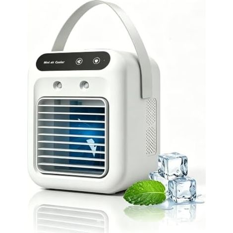 USB Mini Luftkühler mit 500ml Wassertank – Tragbarer Air Cooler mit 10h Kühlung – Leiser Tischventilator mit Befeuchtung – 2 Geschwindigkeiten – Für Zuhause, Büro & Reisen (1/5)