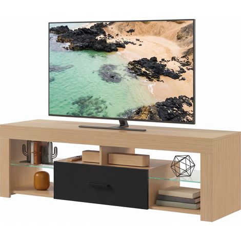 Meuble TV 140 cm, Meuble Télé pour 65 Pouces avec Étagères en Verre Réglables, Tiroir et Compartiments Ouverts, Chêne (1/5)
