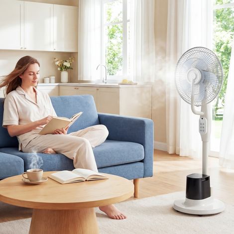Ventilateur debout brume pulvérisée oscillation 70° 3 vitesses 3 modes réservoir eau 3,5L, blanc