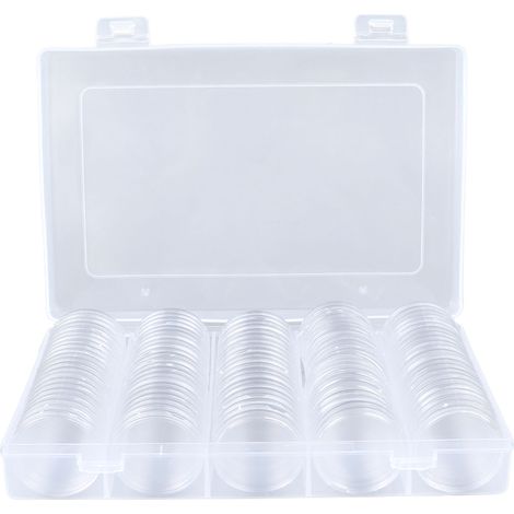 Écrin de 100 capsules rondes transparentes rigides, étui de rangement étanche anti-corrosion, protection lisse pour pièces de monnaie, idéal voyage familial. (1/5)