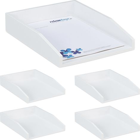 Corbeille à Courrier Empilable, lot de 5, Papier Format A4, Bureau, Range-Documents & Lettres, Bambou, 6x25x33cm, Blanc