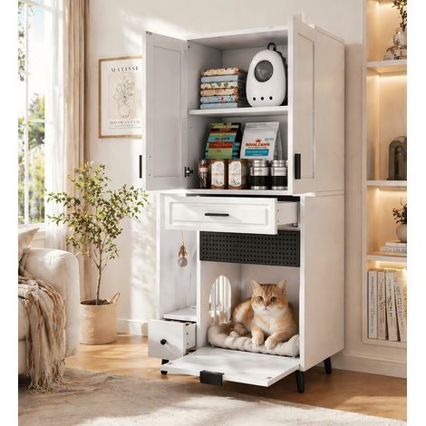 Meuble de rangement multifonction pour chat, structure stable avec rangements compartimentés, étagères mobiles, tiroirs et espace niche pour chat (1/5)