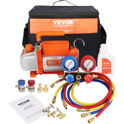 VEVOR Pompe a Vide Climatisation 100 L/min Pompe a Vide Frigoriste HVAC 150 W Kit Jauges et Tuyau Caoutchouc Tricolore 1440 tr/min Sac de Transport pour R134a R1234yf Climatiseur Auto Refrigerateur