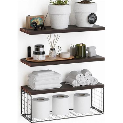 Étagères flottantes avec panier de rangement en fil métallique – Rangement élégant pour chambre à coucher, salon, salle de bain (marron)