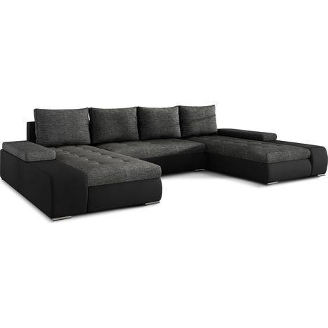 Les Tendances – Canapé panoramique convertible en U TINO – Bi-matière tissu et simili cuir – Rangement intégré – Surface de couchage 297x122 cm – Confort mousse HR (1/5)