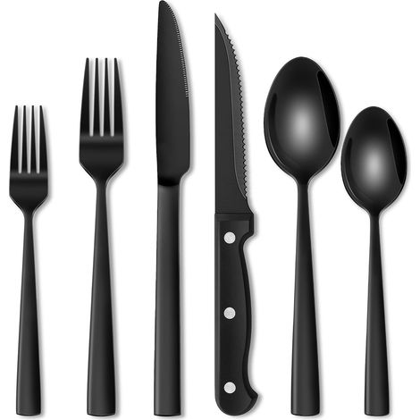 24 teiliges Edelstahl Besteckset mit Steakmesser Schwarz, Besteck Set 4 Personen, Elegantes Essbesteck Set mit Messer Gabel Löffel, Tafelbesteck für Haus/Party/Restaurant, Spülmaschinenfest (1/5)