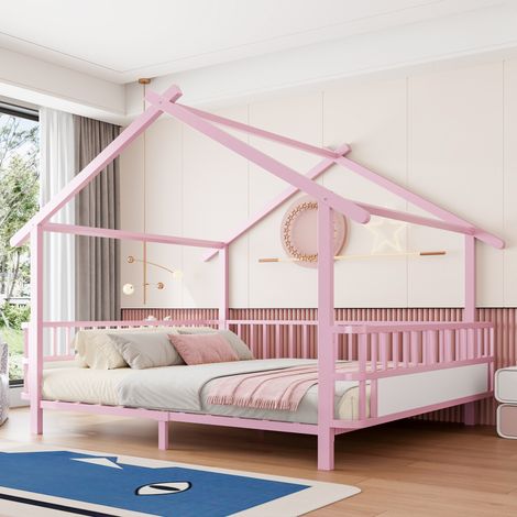 Kinderbett 140x200 cm Rosa aus Metall mit Hausdach, Sicherheitsgitter und dekorativem Rahmen (1/5)