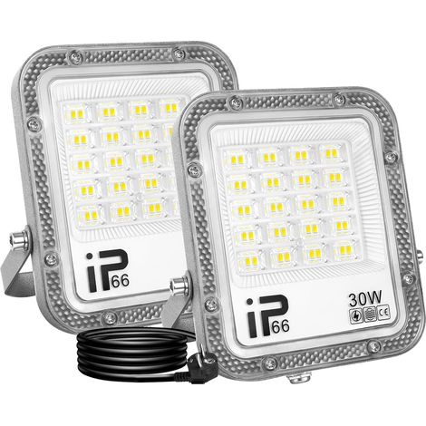2Pcs Projecteur LED avec prise, 30W 3000LM Projecteur LED Extérieur, Spot LED Extérieur IP66 Etanche Eclairage de Sécurité pour Jardin Patio Garage Entrée Terrasse (1M Fil)