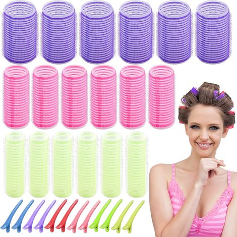 30 Haarwickler, 18 selbstklebende Haarwickler, Lockenwickler in 3 Größen (16 mm, 25 mm, 35 mm) und 12 Entenschnabelclips für Friseursalons, mehrfarbig (1/5)