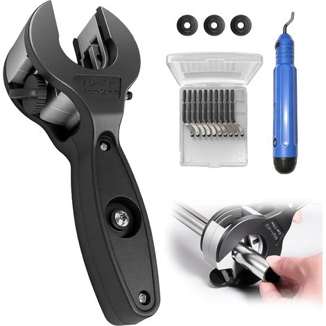 Coupe Tube à Crémaillère 8-29mm, pour Tubes PVC, Cuivre, Acier, avec 3 Lames de Rechange & Outil d'ébavurage, Set Professionnel