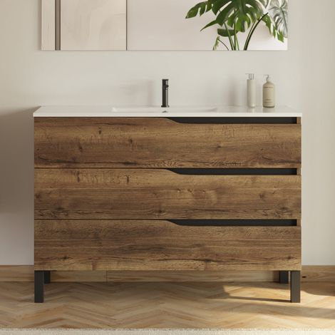 Meuble sous vasque seul, 3 tiroirs, 120cm, pour simple vasque - tabaco (chêne foncé) - MATA