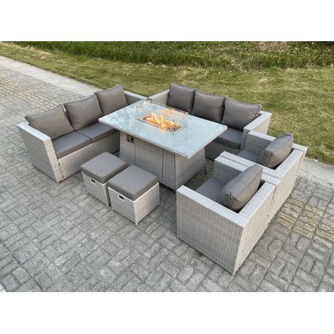 Fimous Gas Feuertisch für den Außenbereich Rattan Gartenmöbel Set mit 2 Sofa  2 Sessel 2 Kleiner Hocker Gas Feuerstelle Helles Grau (1/5)