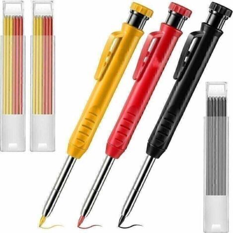 QORVA-Paquet de 3 Crayons de Menuisier Solide avec 21 Recharges, Crayon Mécanique à Long Nez et Trou Profond Outil de Marquage avec Taille-Crayon Intégré pour Charpentier Cadeau