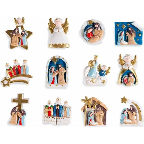 Calamite / magneti con Presepe Sacra Famiglia in resina e dettagli simil oro, set da 12 pezzi, cm 4,5 x 5,5 H