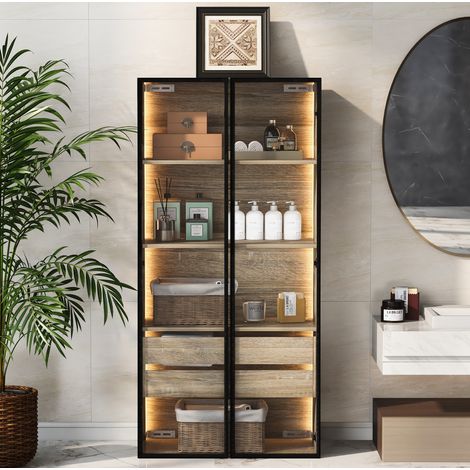 Mueble de baño moderno de MDF natural con LED, 2 puertas de cristal satinado, cajones y estantes, de pared o de suelo (1/5)