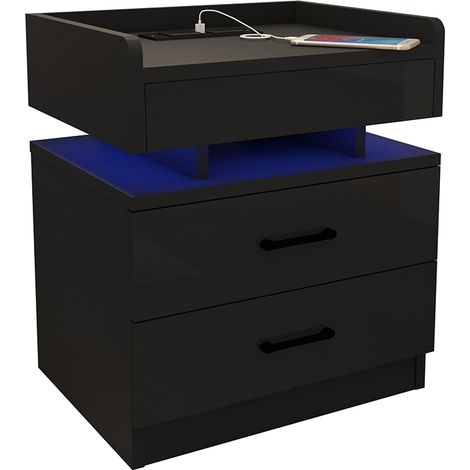 Comodino moderno Haloyo® a 3 cassetti con luci a LED, comodino con multipresa, per soggiorno, camera da letto, 45x35x52, nero (1/5)