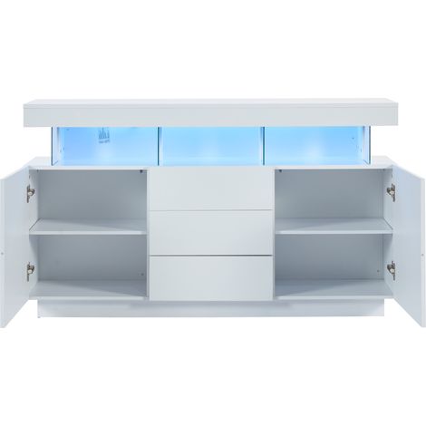 Aparador blanco brillo 140 x 35 x 80 cm con LED de 16 colores y 3 cajones (1/5)