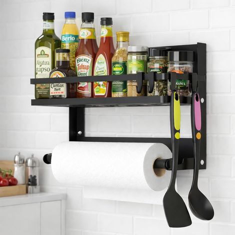 Etagere Cuisine Sans Percage, Étagère à Épices avec Porte Rouleau de Cuisine et 4 Crochets Amovibles, Range Epices pour Cuisine, Réfrigérateur, Micro-ondes, Portes d'armoire (1/5)
