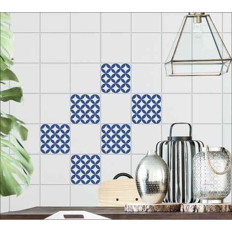 Sticker carrelage adhésif décoratif losanges blancs et ronds bleus, 15 cm X 15 cm, 6 pièces, style céramique. (1/3)
