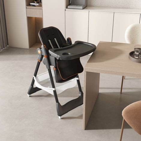 Chaise Haute Bébé Évolutive 0-6 Ans - Siège Pliant Réglable avec Plateau Amovible Harnais 5 Points et Roulettes Bloquantes - Noir (1/5)