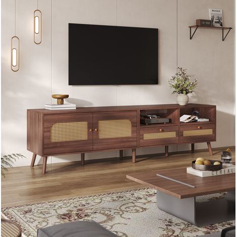 Meuble TV 200 x 37 x 49,5 cm pour TV jusqu'à 80 pouces, 2 portes en rotin, 2 tiroirs, marron DESVIAE (1/5)