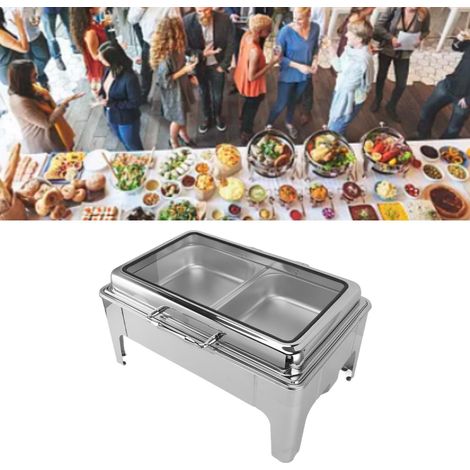 Calentador de bebidas rectangular de acero inoxidable de 9 litros para buffets con 2 bandejas transparentes. (1/5)
