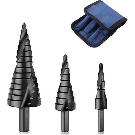 Jeu de 3 forets étagés HSS, tige triangulaire cannelée en spirale noire, adaptés à l'acier inoxydable et au métal (4-32mm/420mm/4-12mm) (1/4)