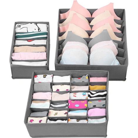Trintion 3PCS Drawer Organiser Divider 6 7 24 Cells Foldable Wardrobe Organiser Fabric Dividers Storage Boxes for Bras Underwear Socks Ties Dresser Jewelry Grey (1/5)