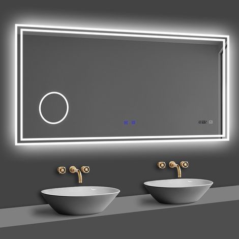Acezanble – Miroir lumineux de salle de bain 160x80cm – Verre 5mm – Bluetooth, horloge numérique, miroir grossissant x3 – 3 types de lumière