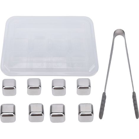 Cubes à whisky réutilisables Acier inoxydable 304 Lot de 8 glaçons métalliques avec pince et boîte de rangement pour boissons (1/5)