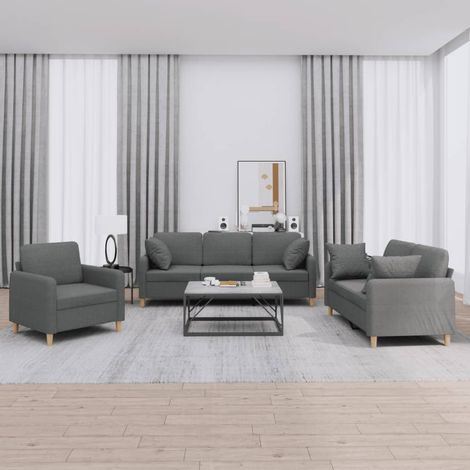 3-tlg. Sofagarnitur mit Kissen Dunkelgrau Stoff vidaXL