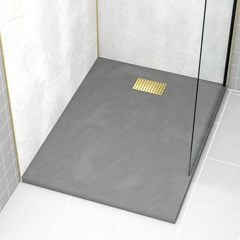 receveur de douche gris effet pierre 90x120 cm et grille décor perforée or doré brossé