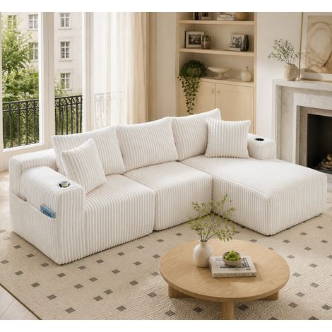 Sofá modular con chaise longue 257x160x62 cm beige en pana con 5 cojines, bolsillos laterales y portavasos (1/5)