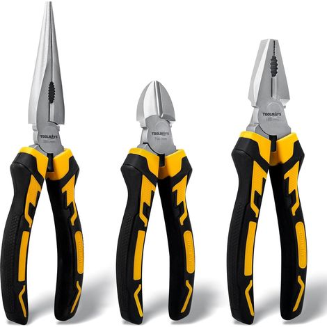Lot de 3 Pinces pour Electricien, Excentrique à Grande Ouverture  Pince Coupante 160mm, Universelle 180mm et Bec Long 200mm, l'Effet Levier Elevé, Revêtement Chrome Mat -