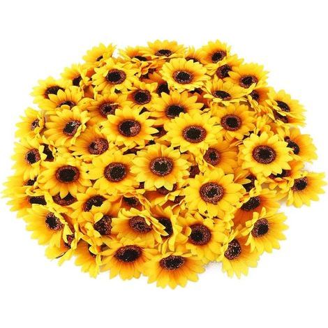100pcs Fleur Artificielle Tête en Soie Fleurs Tournesol Jaunes Deco pour DIY Gâteau Couronne Broche Emballage Arrangement de Fleur-4CM (1/5)