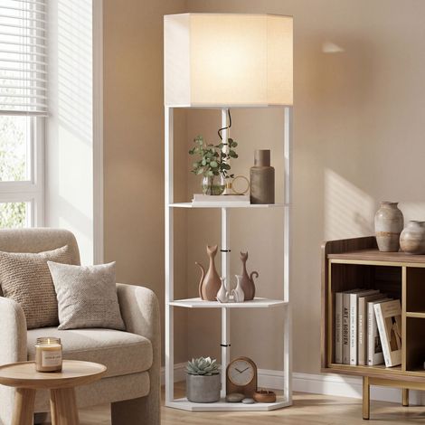 White Three-Shelf Corner Floor Lamp for Stylish Home Lighting and Storage Solutions