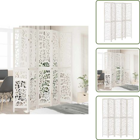 The Living Store Biombo separador de 5 paneles madera maciza Paulownia blanco - Madera paulownia