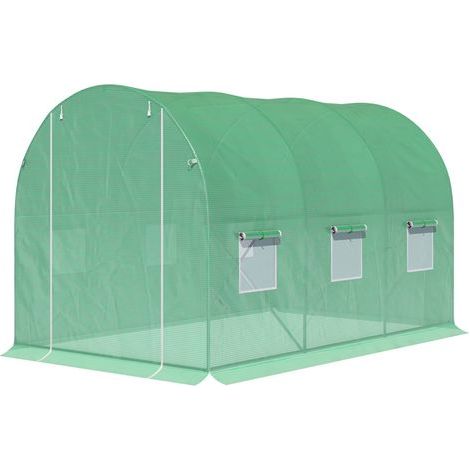 Outsunny Tunnelgewächshaus 6 m² (3 m L x 2 m B x 2 m H) Verstärkter Rohrrahmen Tür mit Reißverschluss 6 aufrollbare Fenster Grün