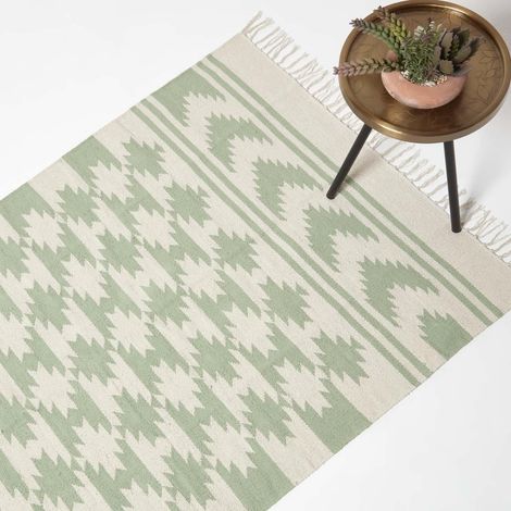 HOMESCAPES Tapis Kilim en coton vert Turin, 160 x 230 cm