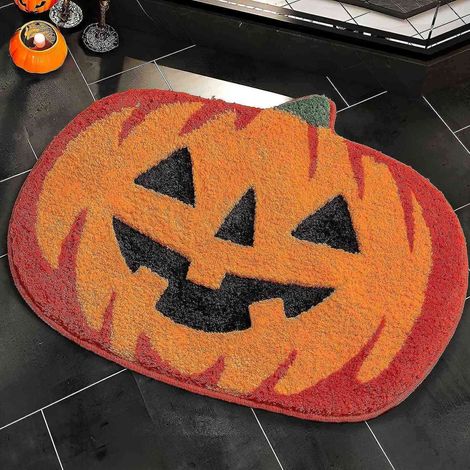 Tapis de bain d'automne en microfibre lavable et absorbante, motif citrouille, idéal pour la douche et la baignoire, avec décorations d'Halloween. (1/5)