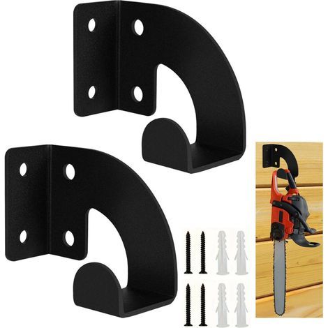 Set da 2 robusti supporti murali per motoseghe - Supporto per motosega per giardino, garage, officina, metallo nero (1/5)