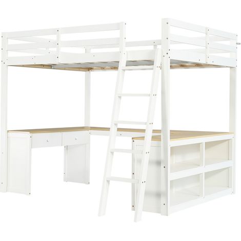 Cama alta infantil con escritorio en U, 2 cajones, estante, pino MDF PB, 140x200 cm (1/5)