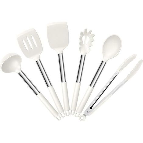 6 ustensiles cuisine silicone, poignée acier inoxydable, anti-adhérent, résistant à 230 °C, pour casseroles antiadhésives et débutants (1/5)