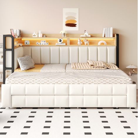 Divano letto estensibile 90 x 200 cm con LED, contenitori, USB Type-C, beige DESVIAE (1/5)